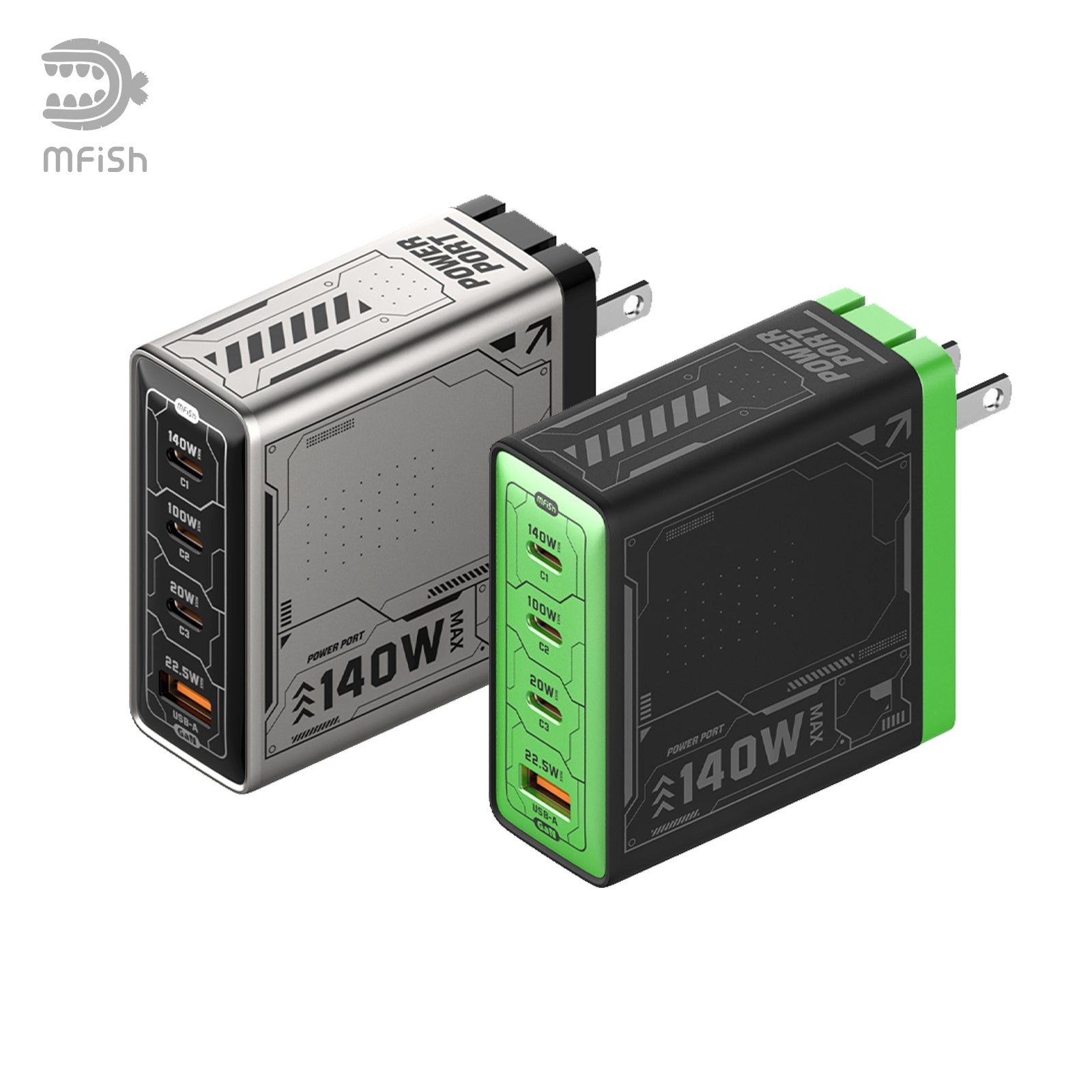mfish-rehino-4-ports-140W-Charger-green&silver