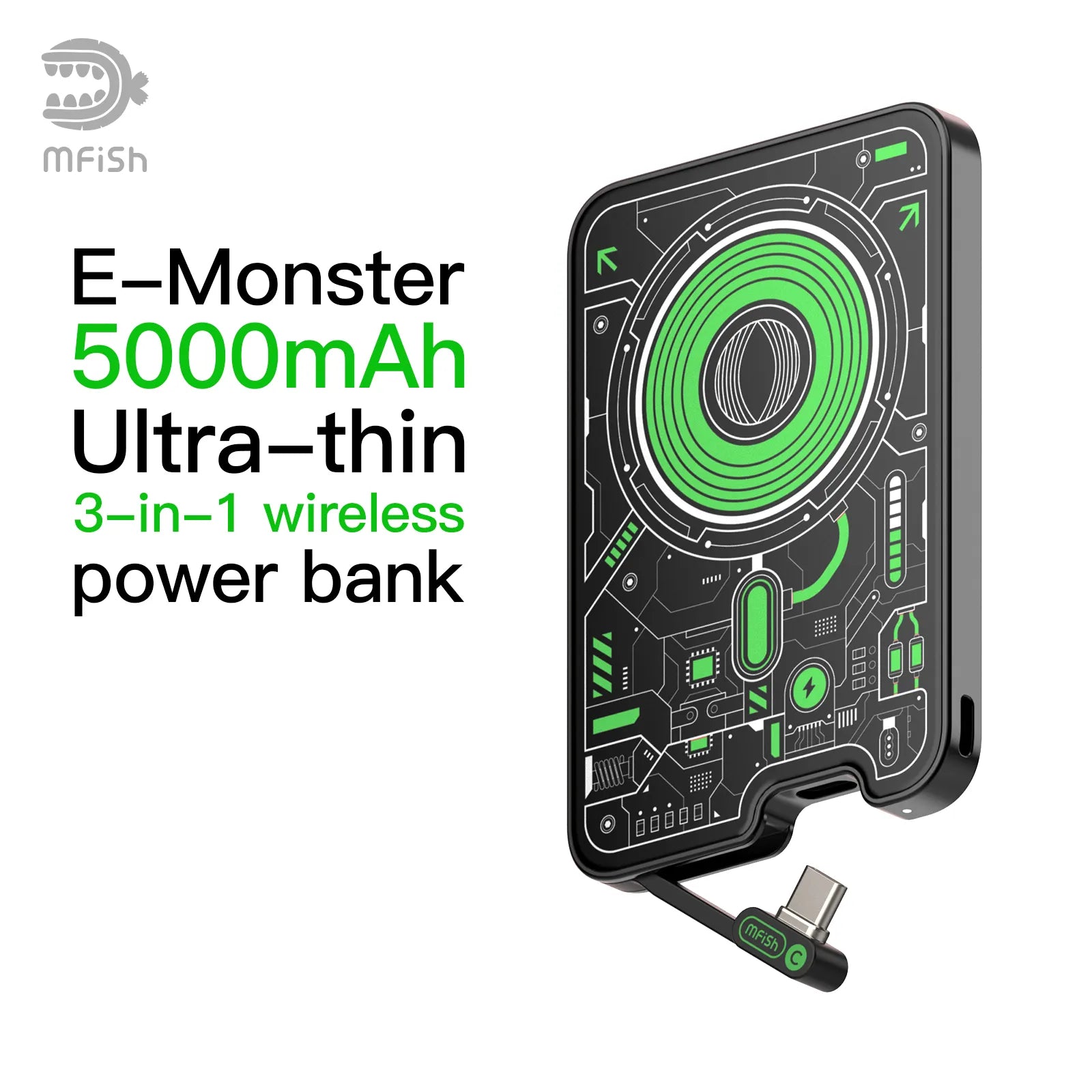 mfish E-Monster 5000mAh Ultra-Thin Wireless Power Bank-green