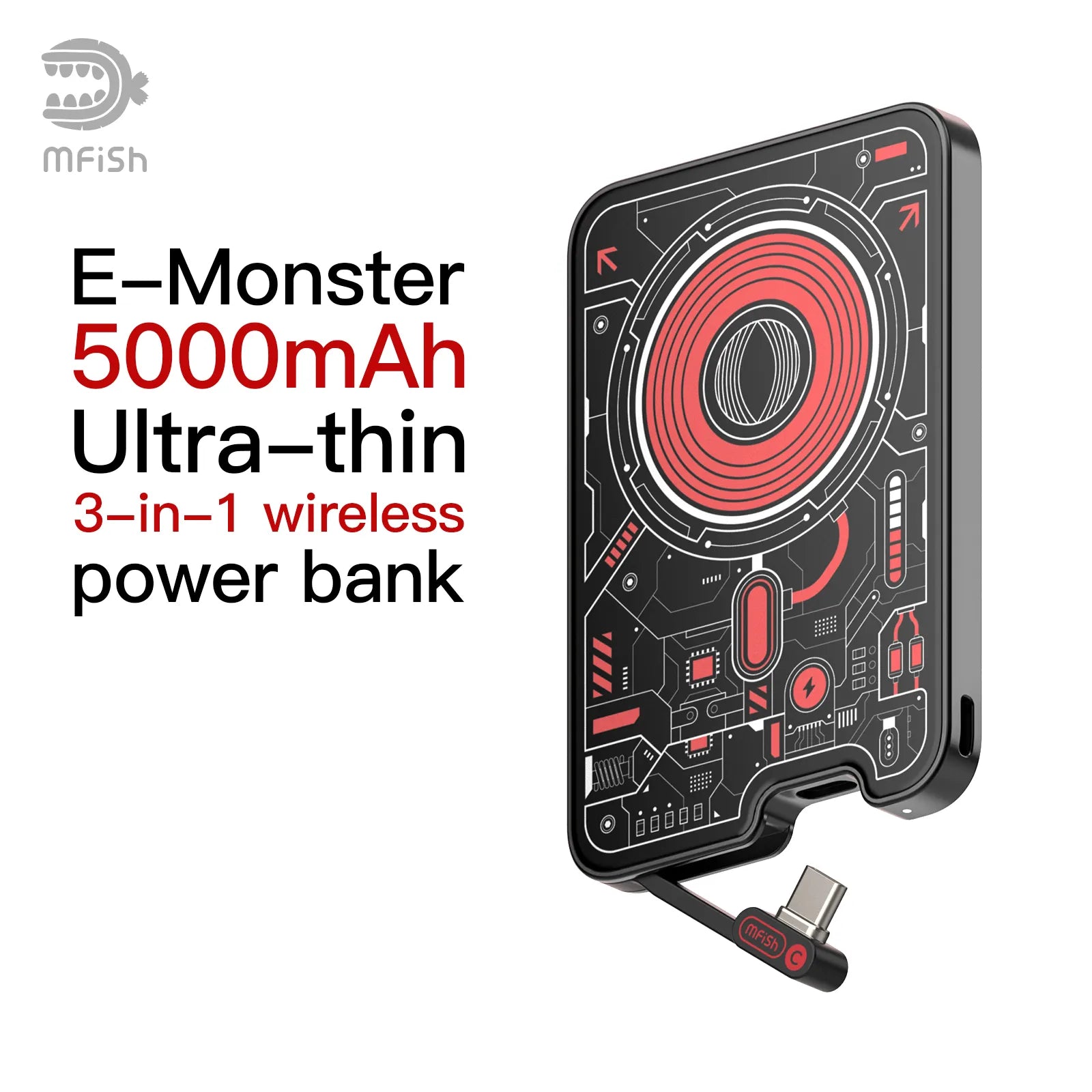 mfish E-Monster 5000mAh Ultra-Thin Wireless Power Bank-red